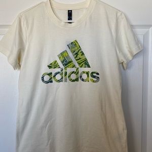 Women’s L Adidas stripe logo T-Shirt, Zoe Saldana Collab.